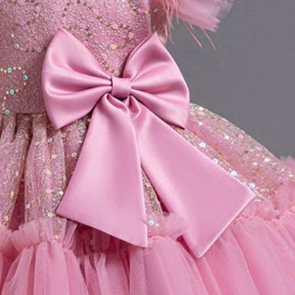 Mesh Feather-trimmed Bow Cap Sleeve Mid-long Dresses - image 22