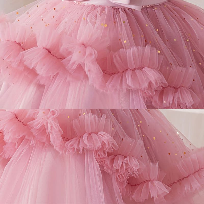 [Archive Sale] Mesh Folds Bow Short Sleeve Mid-long Dresses - image 6