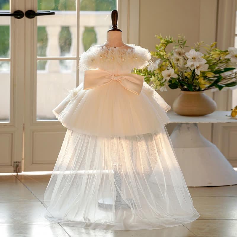 Chemical Fiber Blend Imitation Pearls Bow Feather-trimmed Short Sleeve Mid-long Dresses - image 4