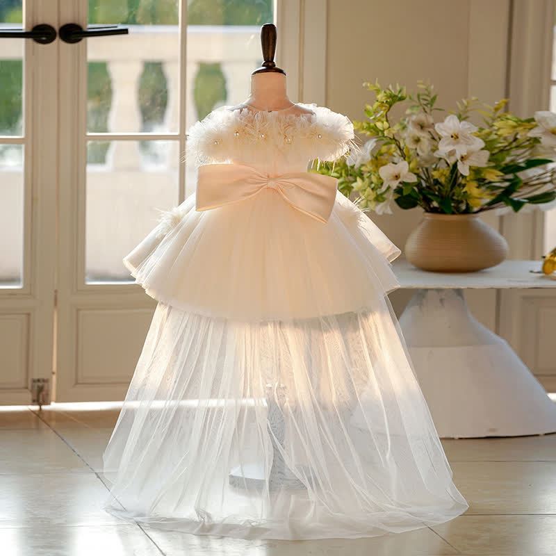 Chemical Fiber Blend Imitation Pearls Bow Feather-trimmed Short Sleeve Mid-long Dresses - image 4