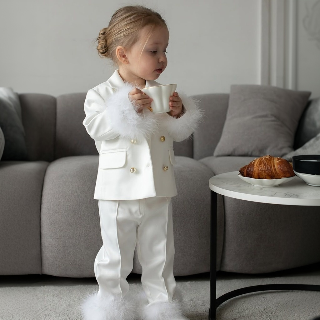 Acetate Feather-trimmed Removable Long Sleeve Two-piece Set - White Set - 8Y - image 4