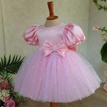 Mesh Bow Imitation Pearls Short Sleeve Mid-long Dresses - image 11