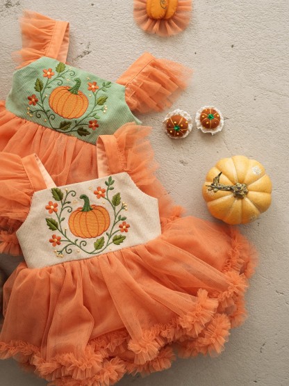 Mesh Embroidery Cap Sleeve Short Dresses - Beige & Orange - 4Y - image 6