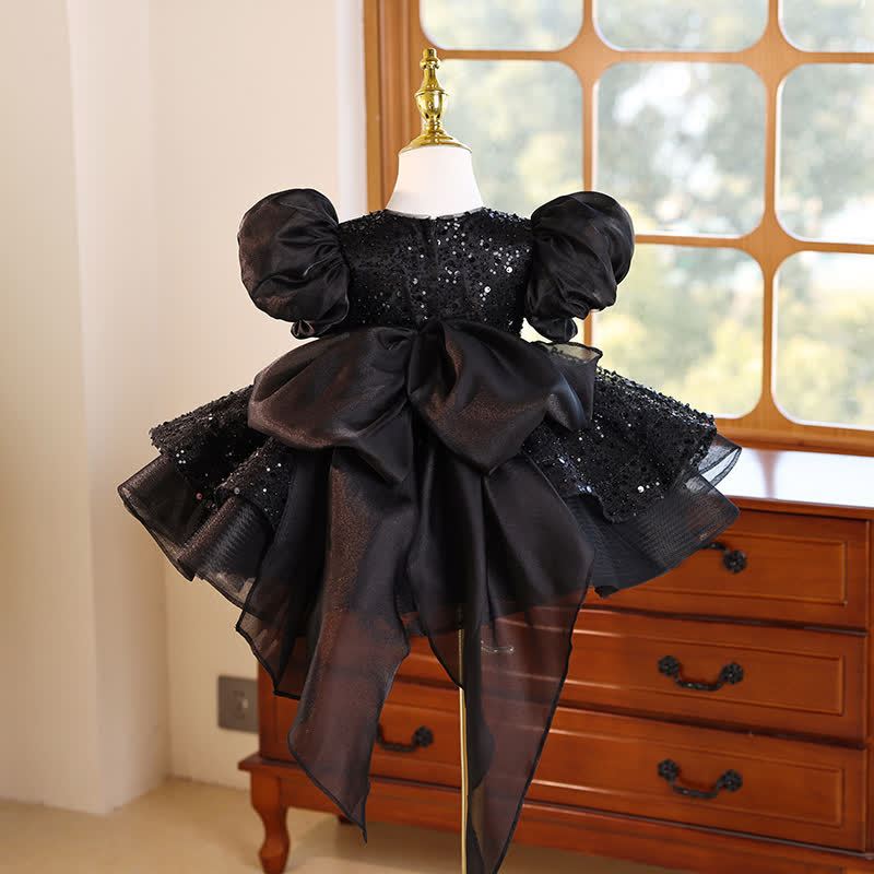 Glitter Bow  Sequins Short Sleeve Short Dresses Without Headband - image 4