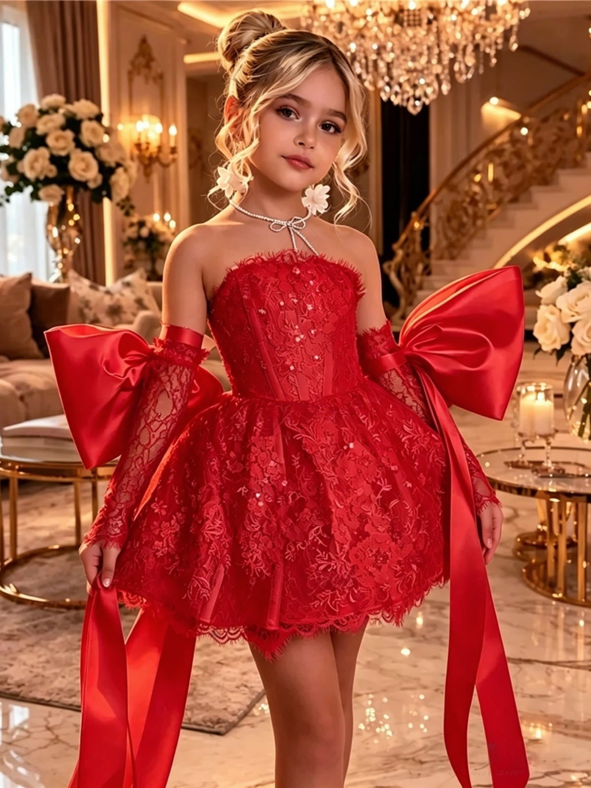 Lace Bow Sleeveless Short Dresses - Red - 11-12Y - image 6