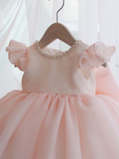 Organza Imitation Pearls Bow Cap Sleeve Midi Dresses - image 5