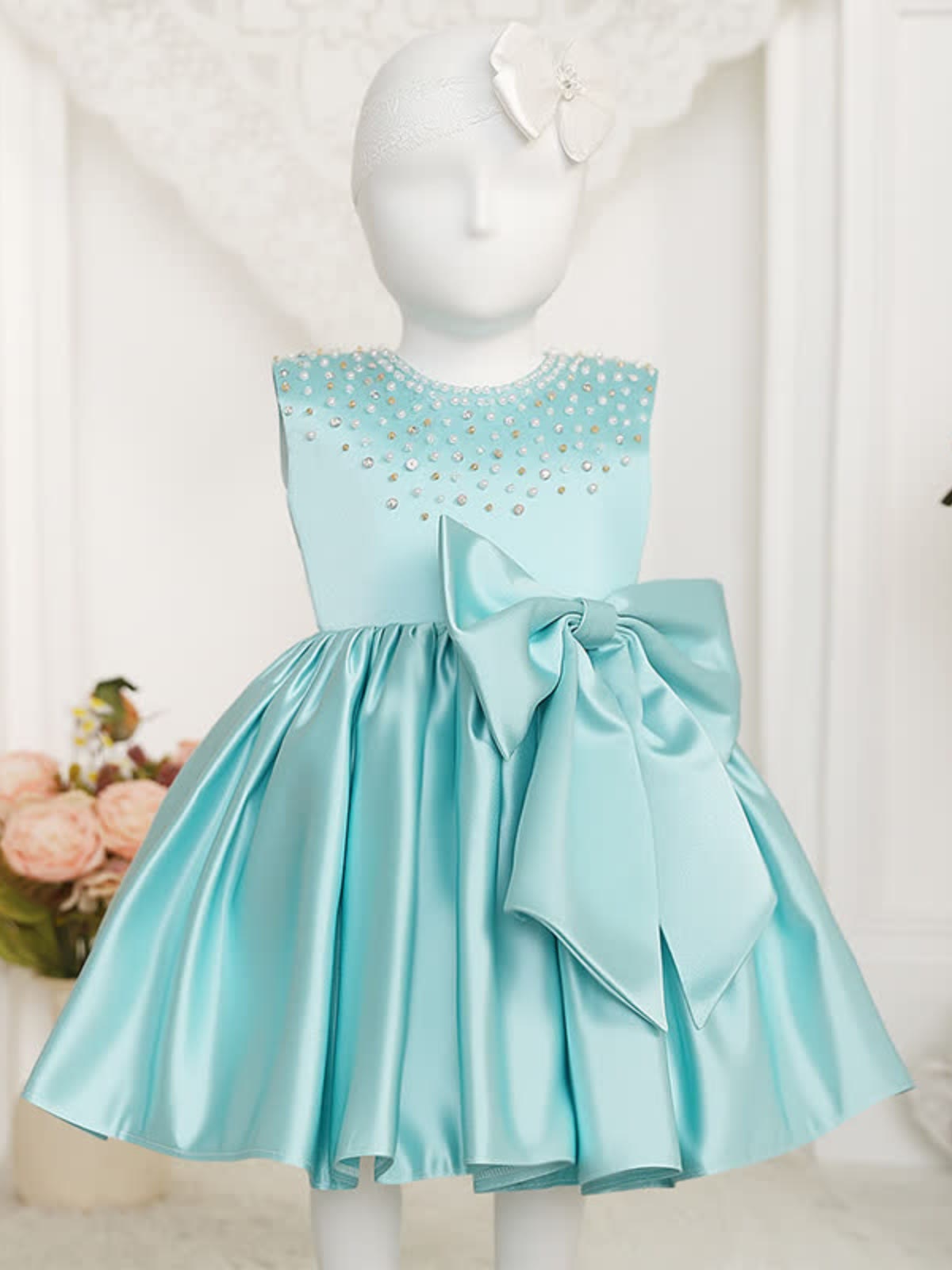 Chemical Fiber Blend Imitation Pearls Bow Sleeveless Mid-long Dresses - image 10