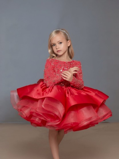 Glitter Bow Long Sleeve Midi Dresses - Red - 12-13Y - image 5