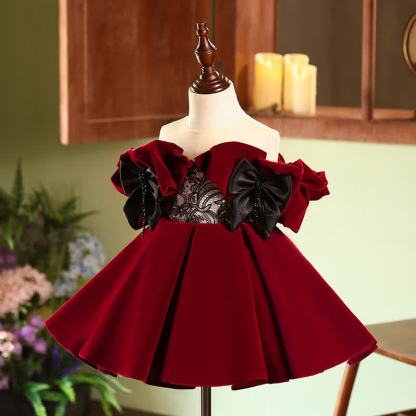 Velvet Lace Bow Short Sleeve Mid-long Dresses - image 4
