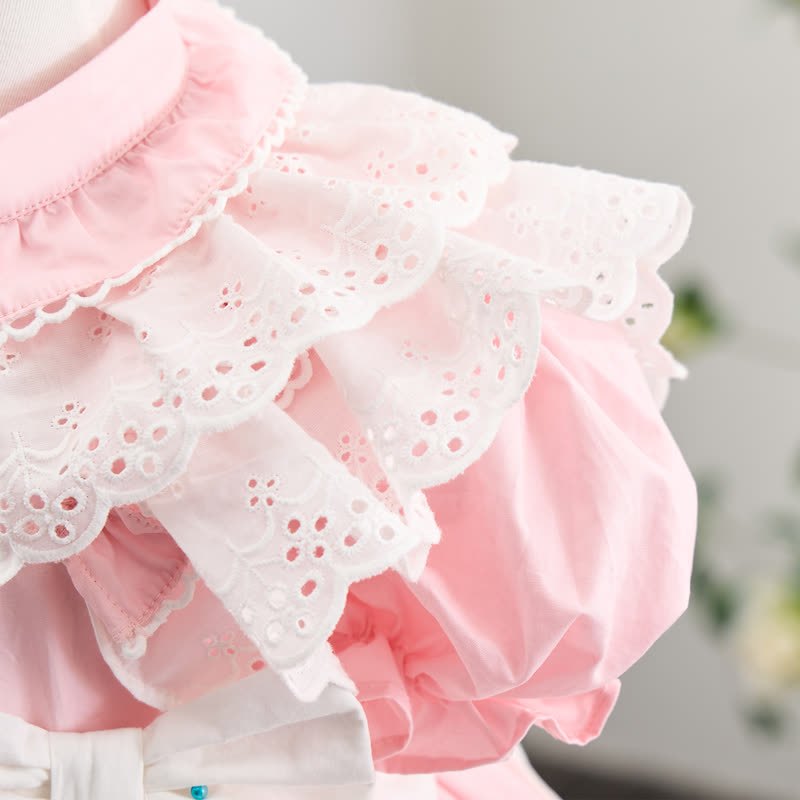 100% Cotton Bow Stitching Lace Short Sleeve Short Dresses - image 11