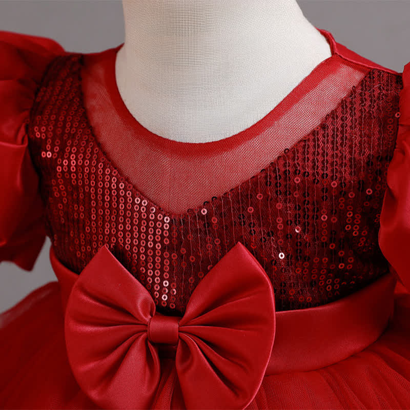 Mesh Bow Sequins Folds Short Sleeve Mid-long Dresses - image 28