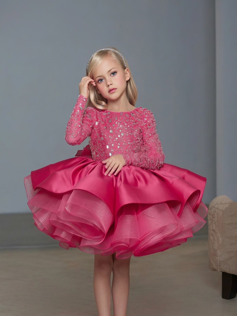 Glitter Bow Long Sleeve Midi Dresses - Rose - 12-13Y - image 9