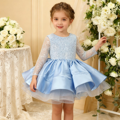 Satin Folds Sequins Long Sleeve Midi Dresses - Blue - 15-16Y - image 11