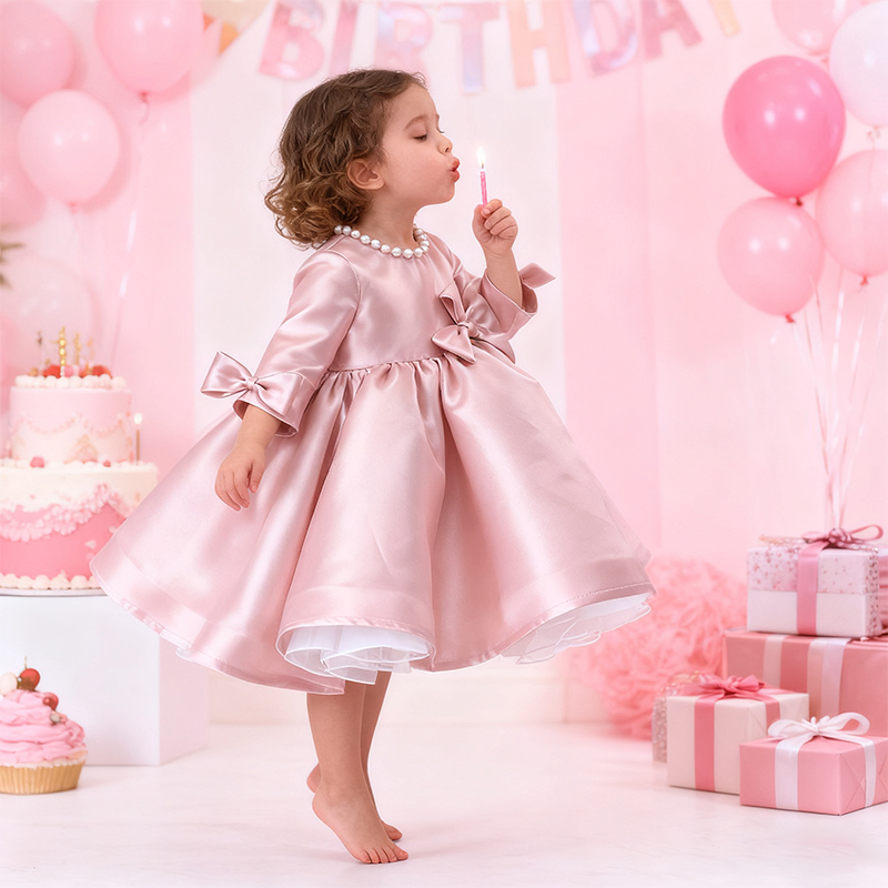 [Archive Sale] Satin Bow Imitation Pearls Long Sleeve Mid-long Dresses - image 7