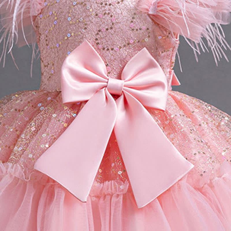 Mesh Feather-trimmed Bow Cap Sleeve Mid-long Dresses - image 10