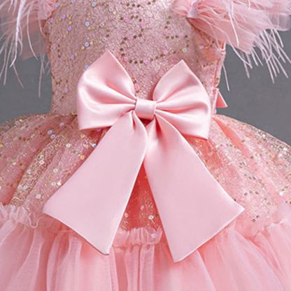 Mesh Feather-trimmed Bow Cap Sleeve Mid-long Dresses - image 10