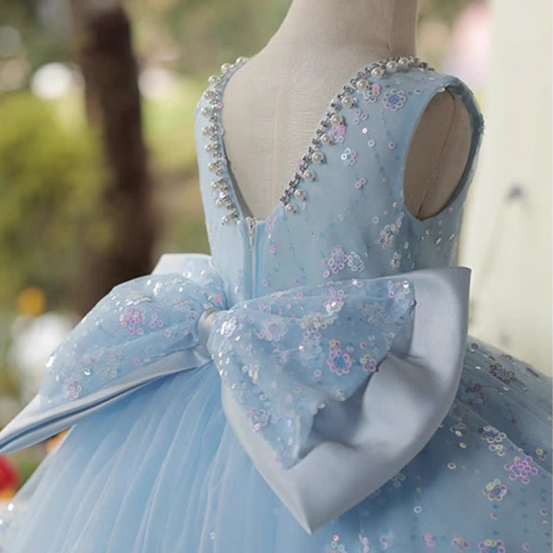 Mesh Glitter Bow Sequins Imitation Pearls Sleeveless Mid-long Dresses - image 5