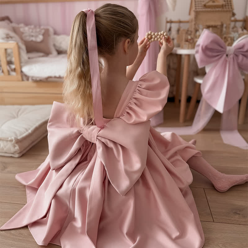 Satin Bow Sleeveless Mid-long Dresses - Pink - 8Y - image 2