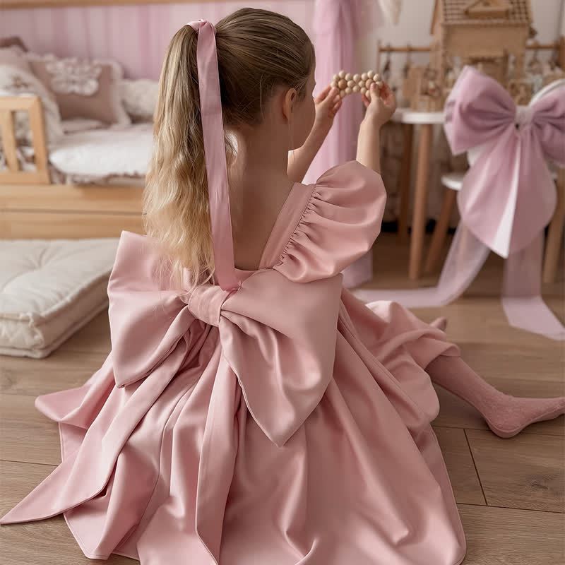 Satin Bow Sleeveless Mid-long Dresses - Pink - 8Y - image 1