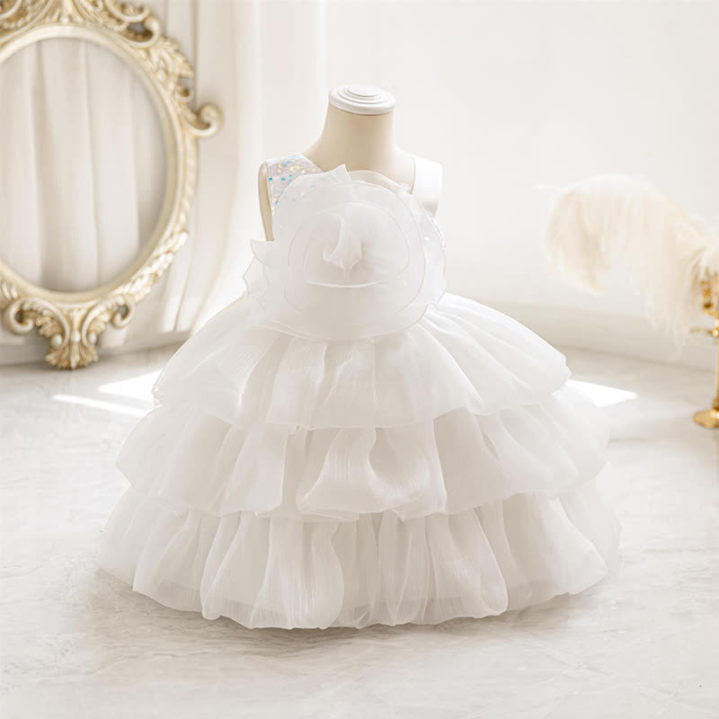 Chemical Fiber Blend Folds Rosette Sleeveless Midi Dresses - White - 4-5Y - image 6