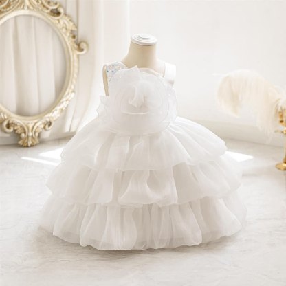 Chemical Fiber Blend Folds Rosette Sleeveless Midi Dresses - White - 4-5Y - image 9