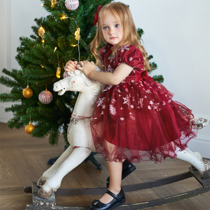 Mesh Christmas Folds Rosette Short Sleeve Mid-long Dresses - image 21