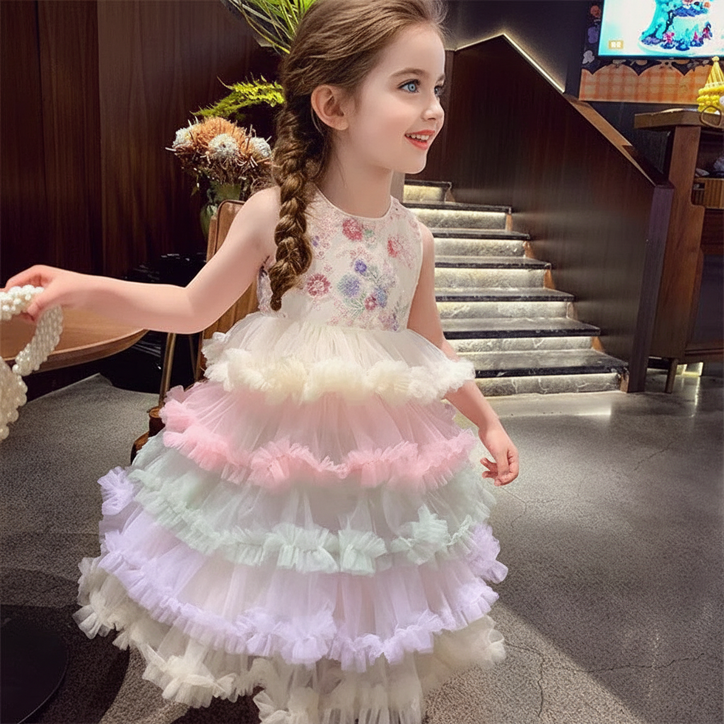 Mesh Floral-embroidered Folds Sleeveless Mid-long Dresses - image 6