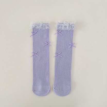 Solid Stitching Lace Socks - Light Purple - One size - image 9
