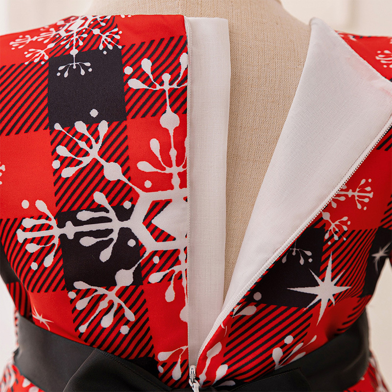 Satin Christmas Printing Bow Short Sleeve Mid-long Dresses - image 11