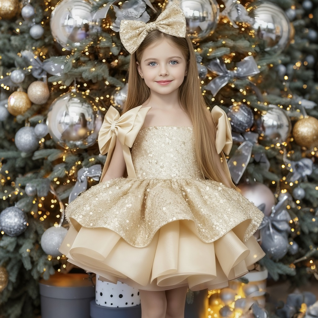 Glitter Bow Sleeveless Midi Dresses - Champagne - 12-13Y - image 12