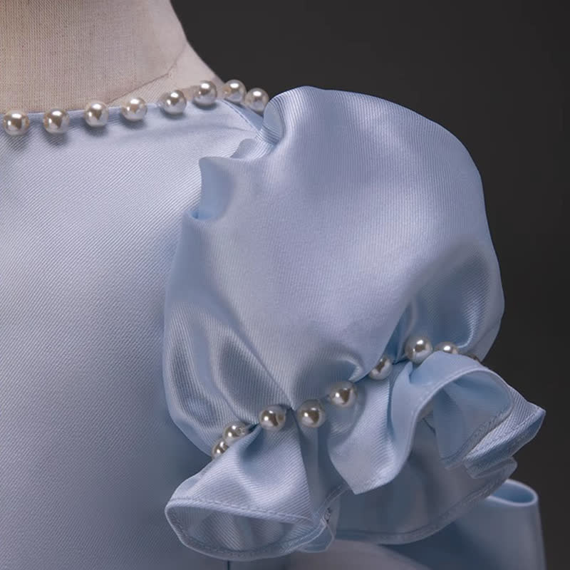 Satin Bow Imitation Pearls Short Sleeve Mid-long Dresses - image 6