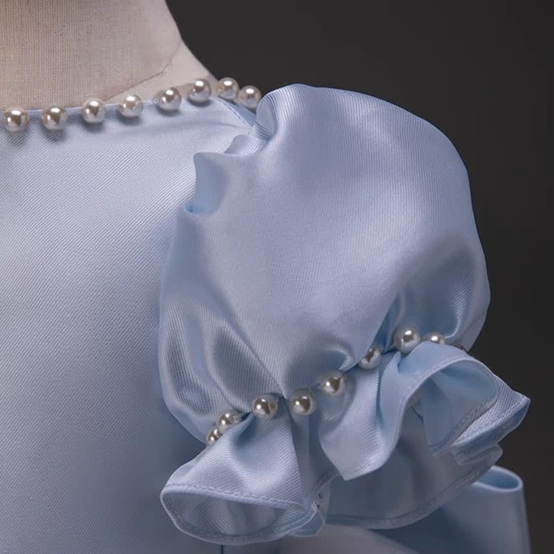 Satin Bow Imitation Pearls Short Sleeve Mid-long Dresses - image 6