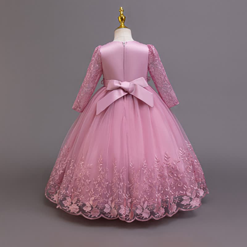 Embroidery Mesh Rosette Crystal Long Sleeve Maxi Dresses - image 3