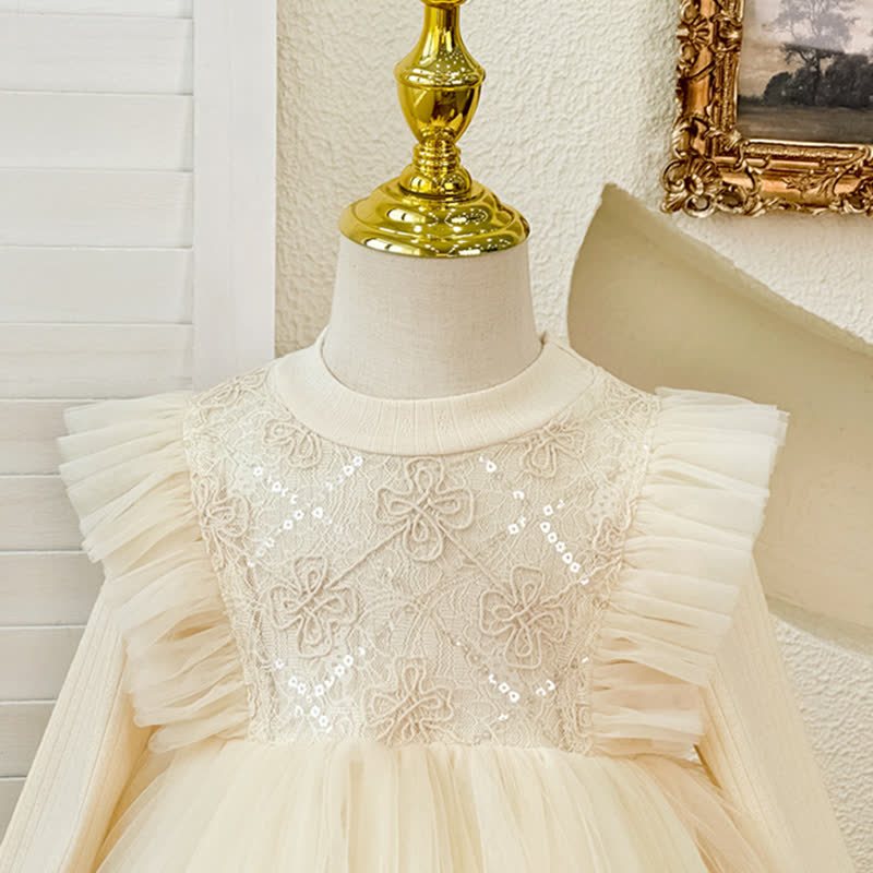 [Archive Sale] Chemical Fiber Blend Folds Fluffy Long Sleeve Mid-long Dresses - image 4