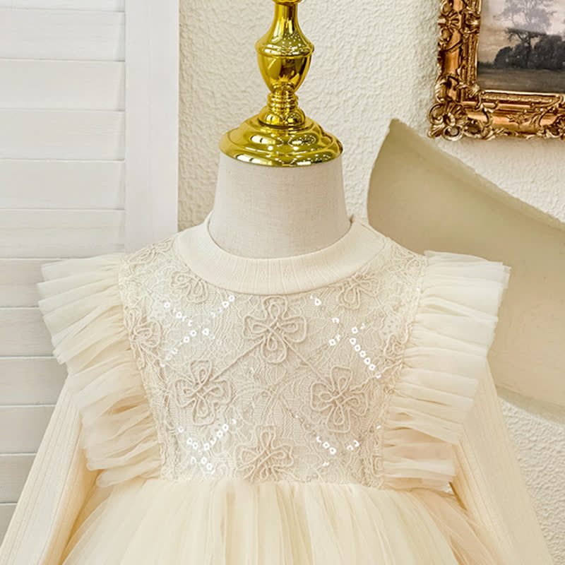 [Archive Sale] Chemical Fiber Blend Folds Fluffy Long Sleeve Mid-long Dresses - image 4