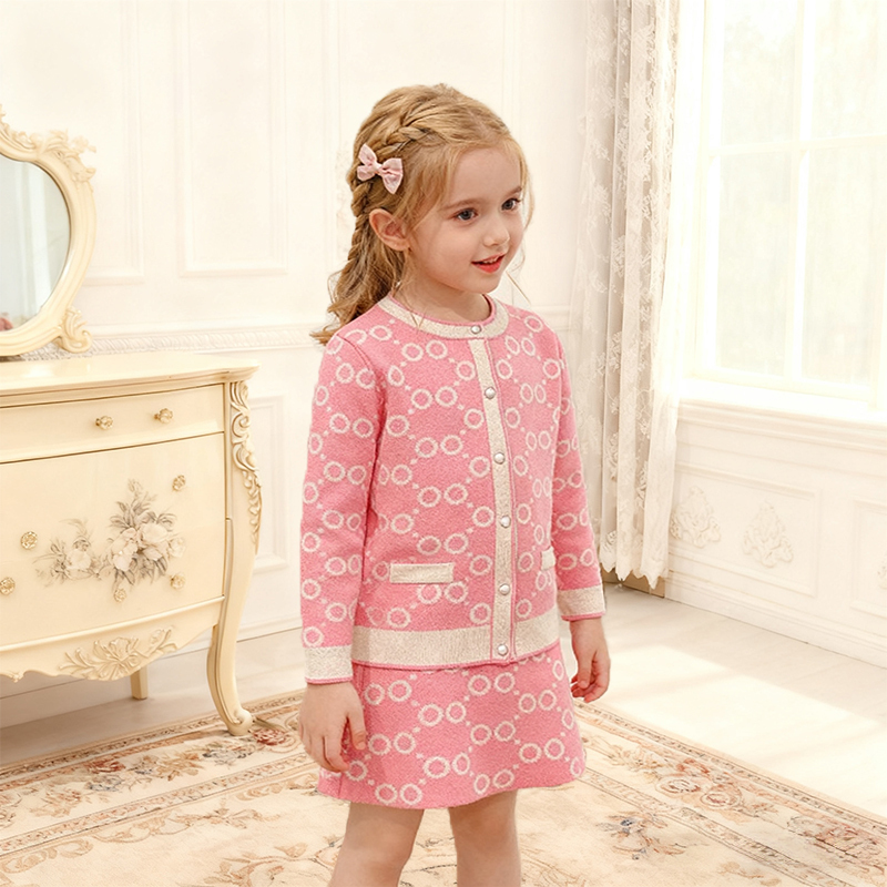 [Archive Sale] Yarn/wool Yarn Buckle Long Sleeve Regular Two-piece Set - Pink - 110cm - image 2