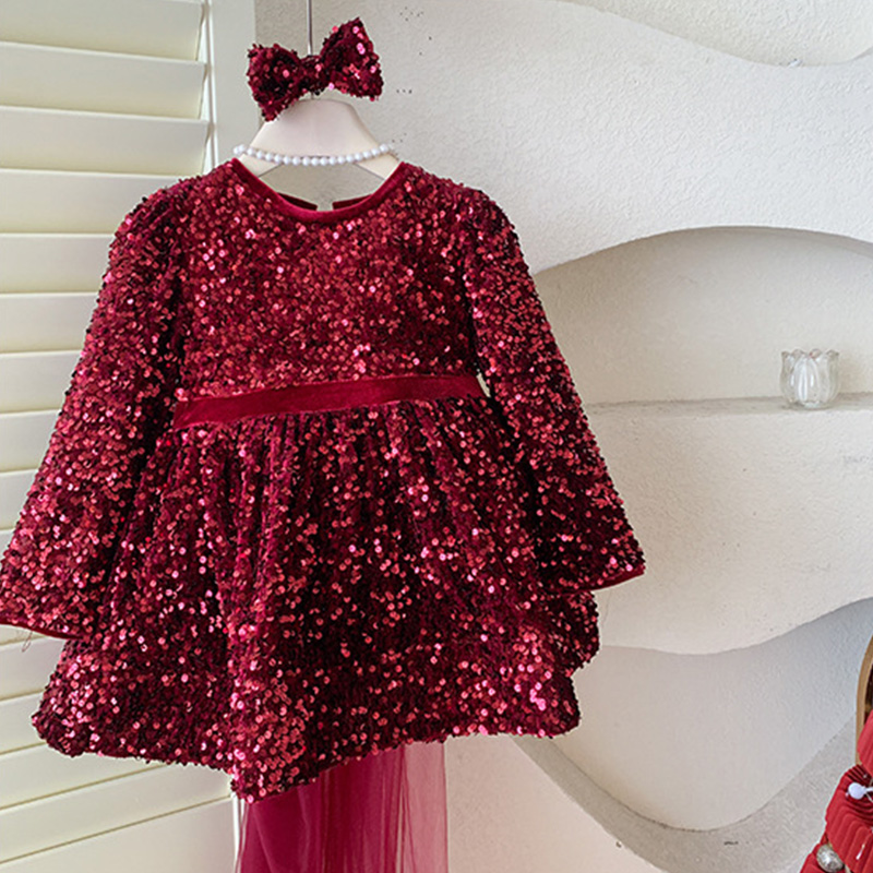 [Archive Sale] Cotton-blend Bow Fleece Sequins Long Sleeve Mid-long Dresses - image 6