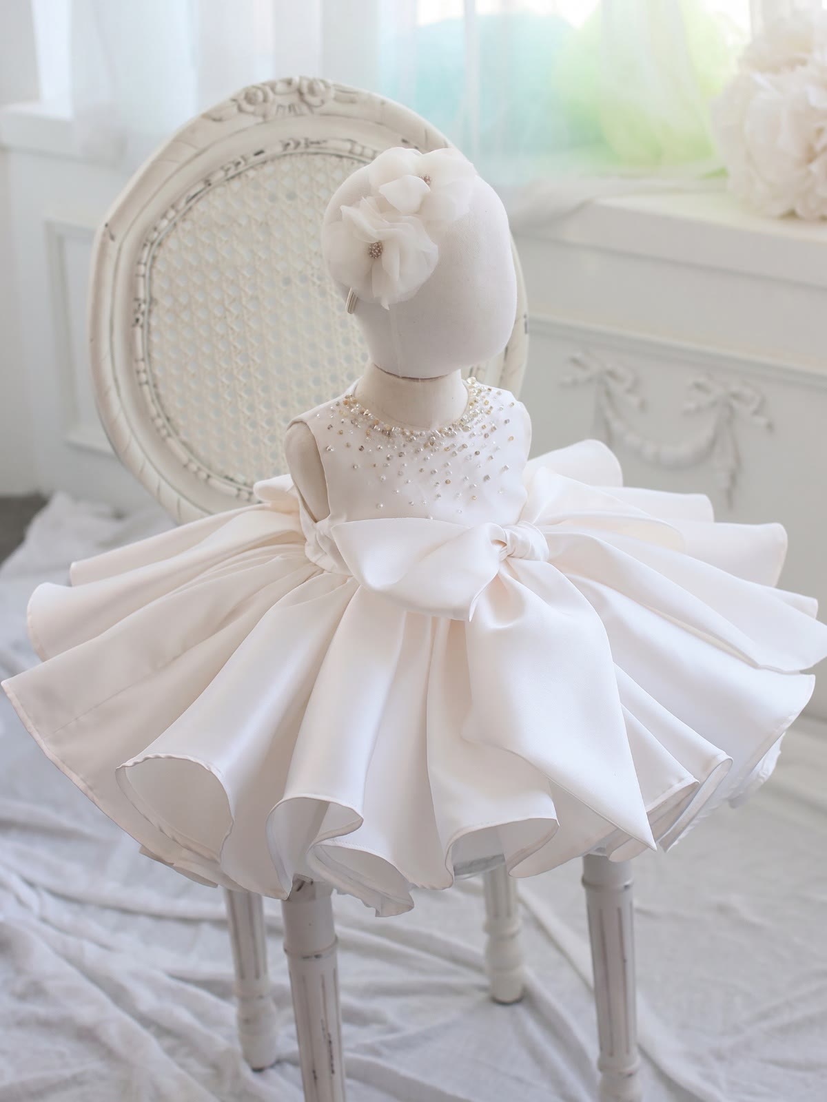 Chemical Fiber Blend Imitation Pearls Bow Sleeveless Mid-long Dresses - White - 9-10Y - image 17