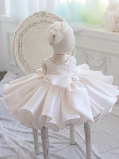 Chemical Fiber Blend Imitation Pearls Bow Sleeveless Mid-long Dresses - White - 9-10Y - image 17