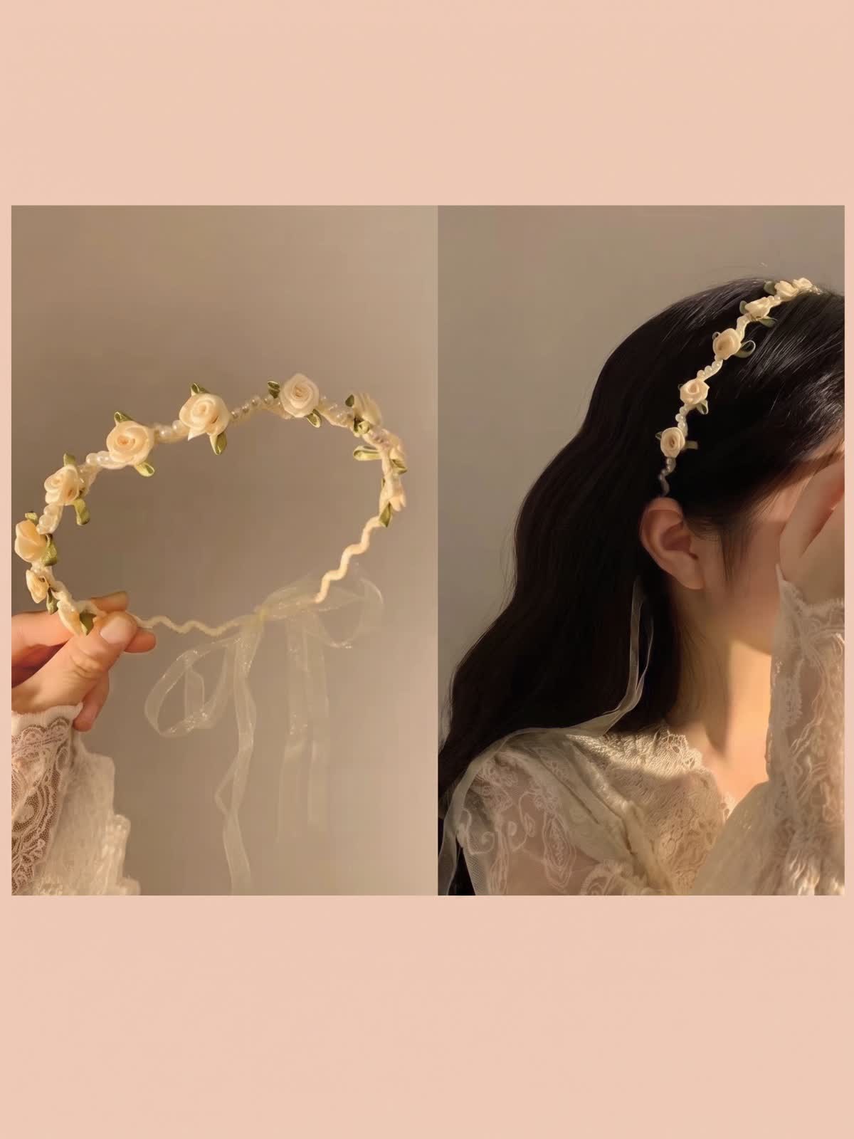 Easter Solid Rosette Hairband - White Rose Pearl Headband - image 8