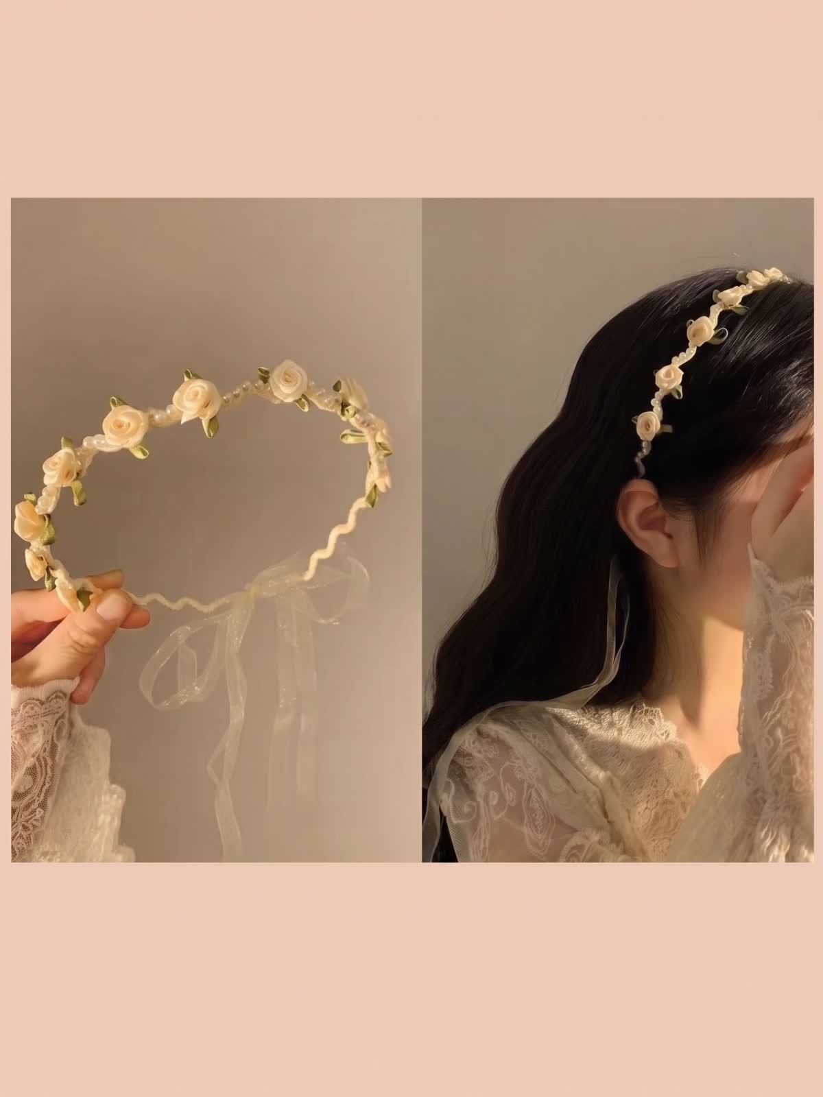 Easter Solid Rosette Hairband - White Rose Pearl Headband - image 8