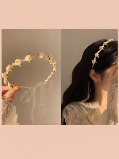 Easter Solid Rosette Hairband - White Rose Pearl Headband - image 8