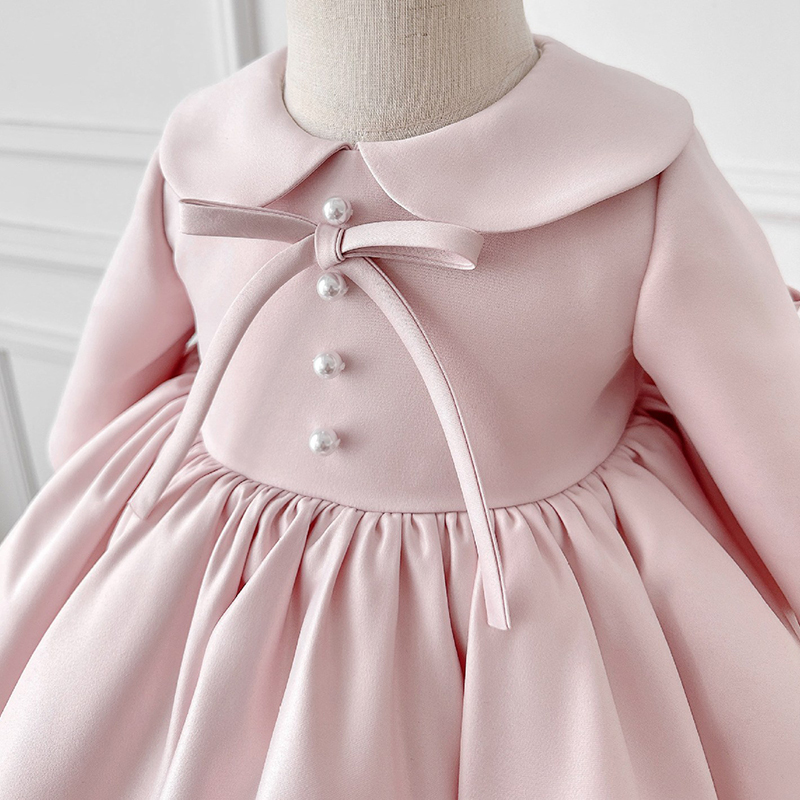 Satin Bow Imitation Pearls Long Sleeve Mid-long Dresses - image 5