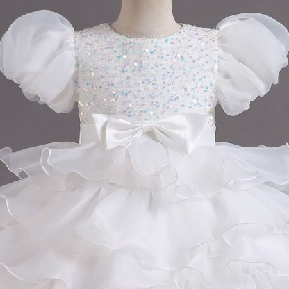 Organza Folds Sequins Bow Short Sleeve Mid-long Dresses - image 3