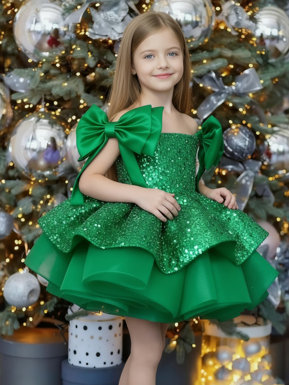 Glitter Bow Sleeveless Midi Dresses - Green - 12-13Y - image 9