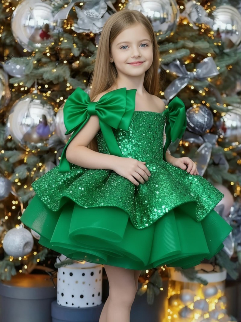Glitter Bow Sleeveless Midi Dresses - Green - 12-13Y - image 9