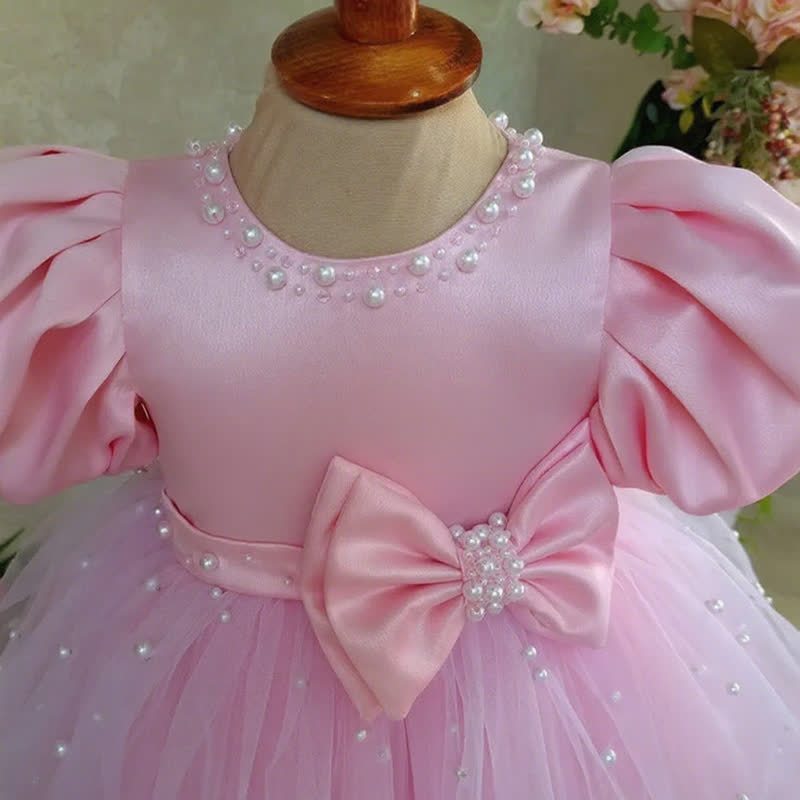 Mesh Bow Imitation Pearls Short Sleeve Mid-long Dresses - image 13