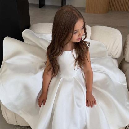 Satin Bow Sleeveless Mid-long Dresses - White - 6Y - image 2