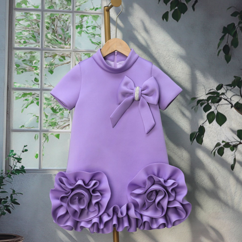Scuba Knit Rosette Short Sleeve Midi Dresses - Purple - 6-8Y - image 6