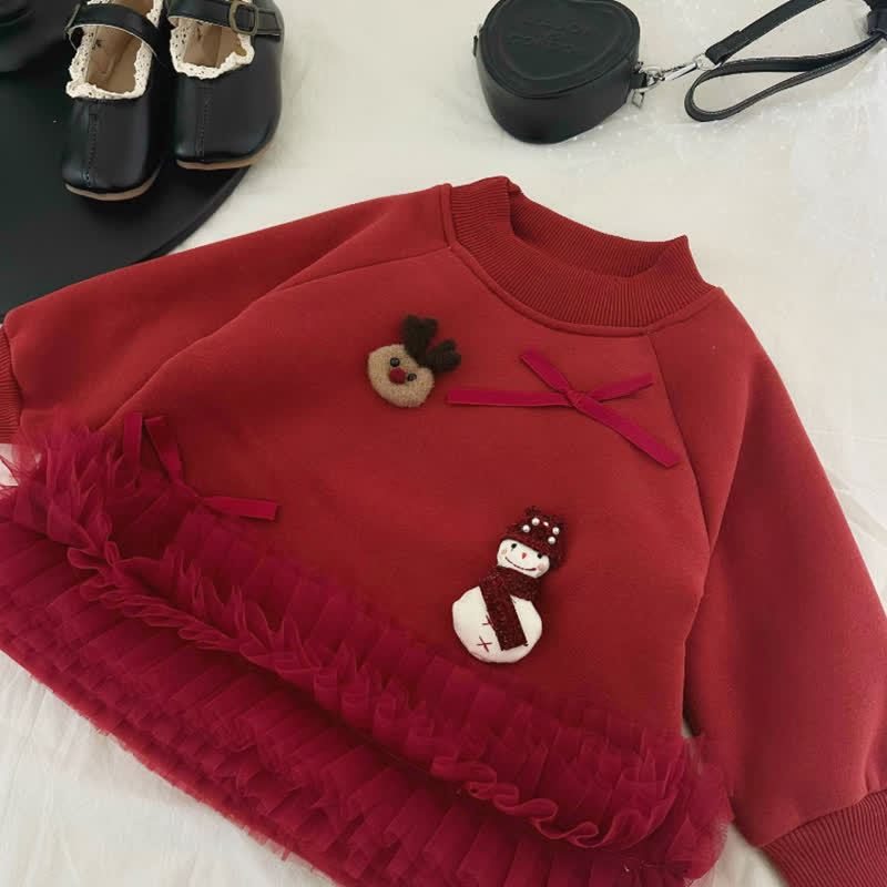 100% Cotton Christmas Snowman Deer Bow Long Sleeve Mid-long Dresses - image 3